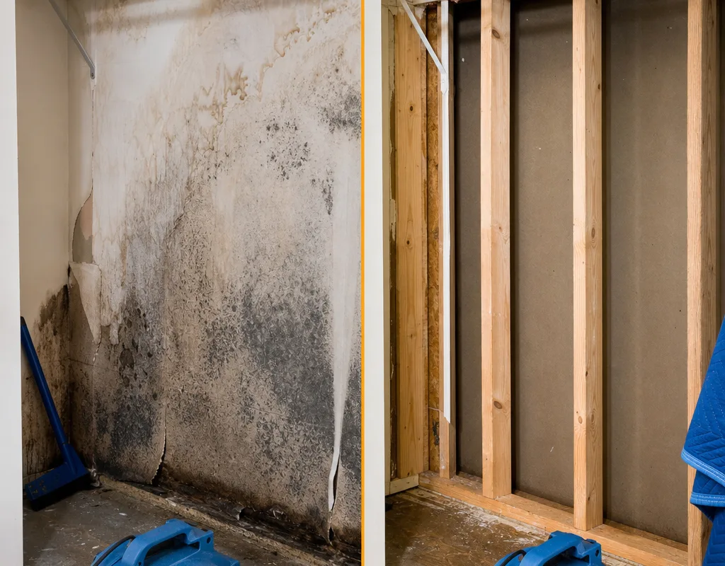 Before and after view of a mold-stained closet wall removed to cleaned, dried framing ready for rebuild