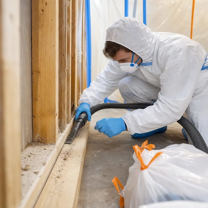Technician in protective equipment HEPA-vacuuming framing inside containment with sealed debris bags nearby