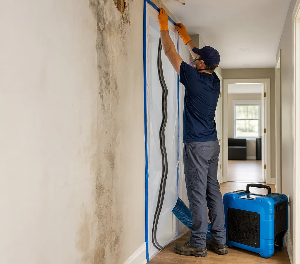 Technician setting up plastic containment and a HEPA air scrubber near an affected wall in a Salem home