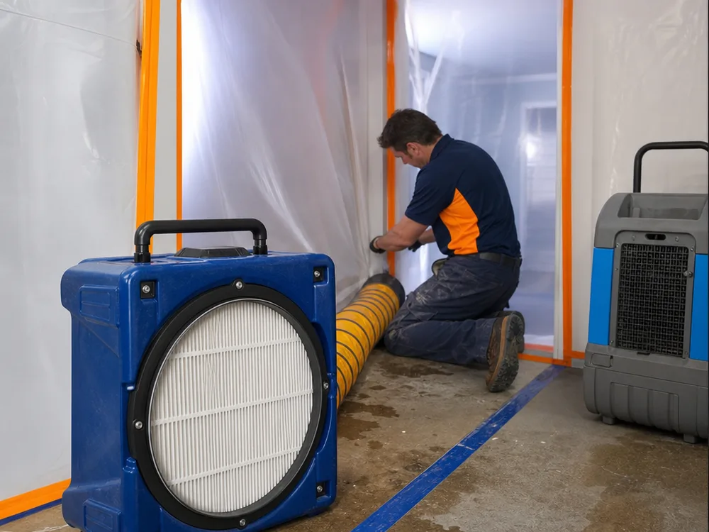 HEPA air scrubber and dehumidifier operating inside a plastic-contained remediation room
