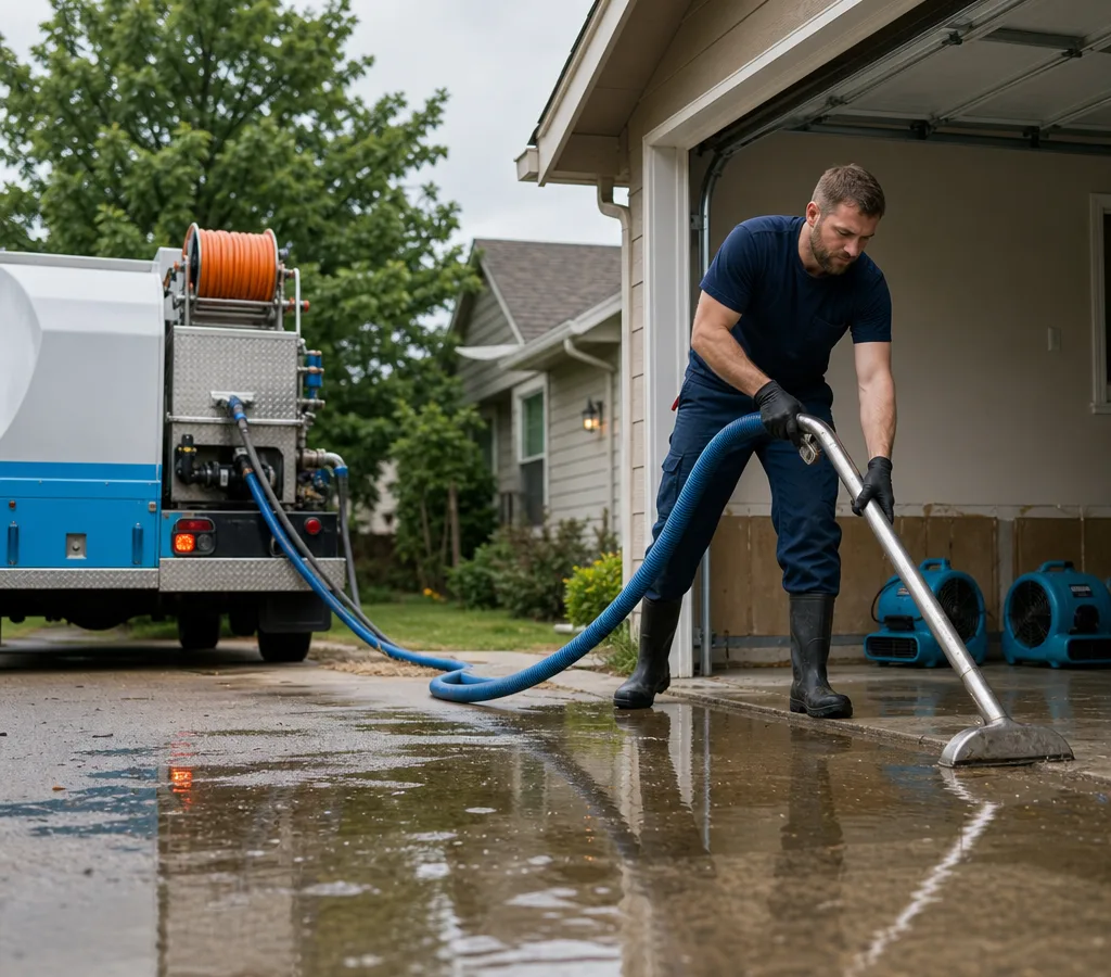 Technician extracting standing water from a Salem home with hoses and air movers staged nearby