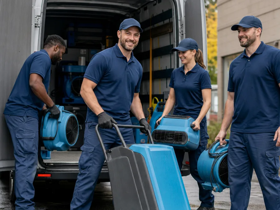 Restoration crew loading dehumidifiers and air movers into a service vehicle for a Salem job